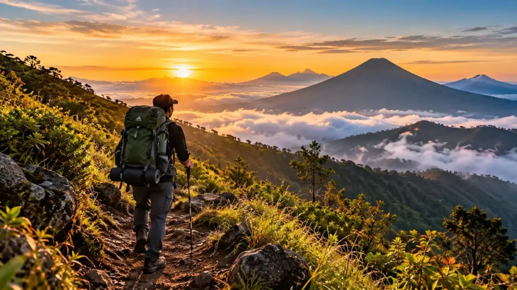 Pendaki pemula dengan ransel menyusuri jalur gunung saat matahari terbit
